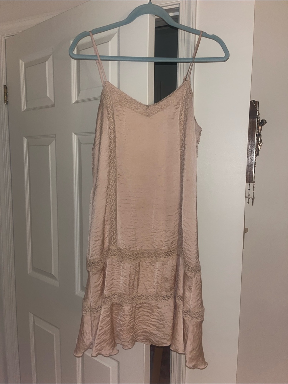 Vero Moda Blush Pink Satin Slip Dress with Lace Trim